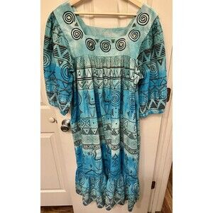 Vintage 60s 70s Ramona Rull 100% Cotton Western Teal Boho Maxi Dress Kaftan‎ 1X